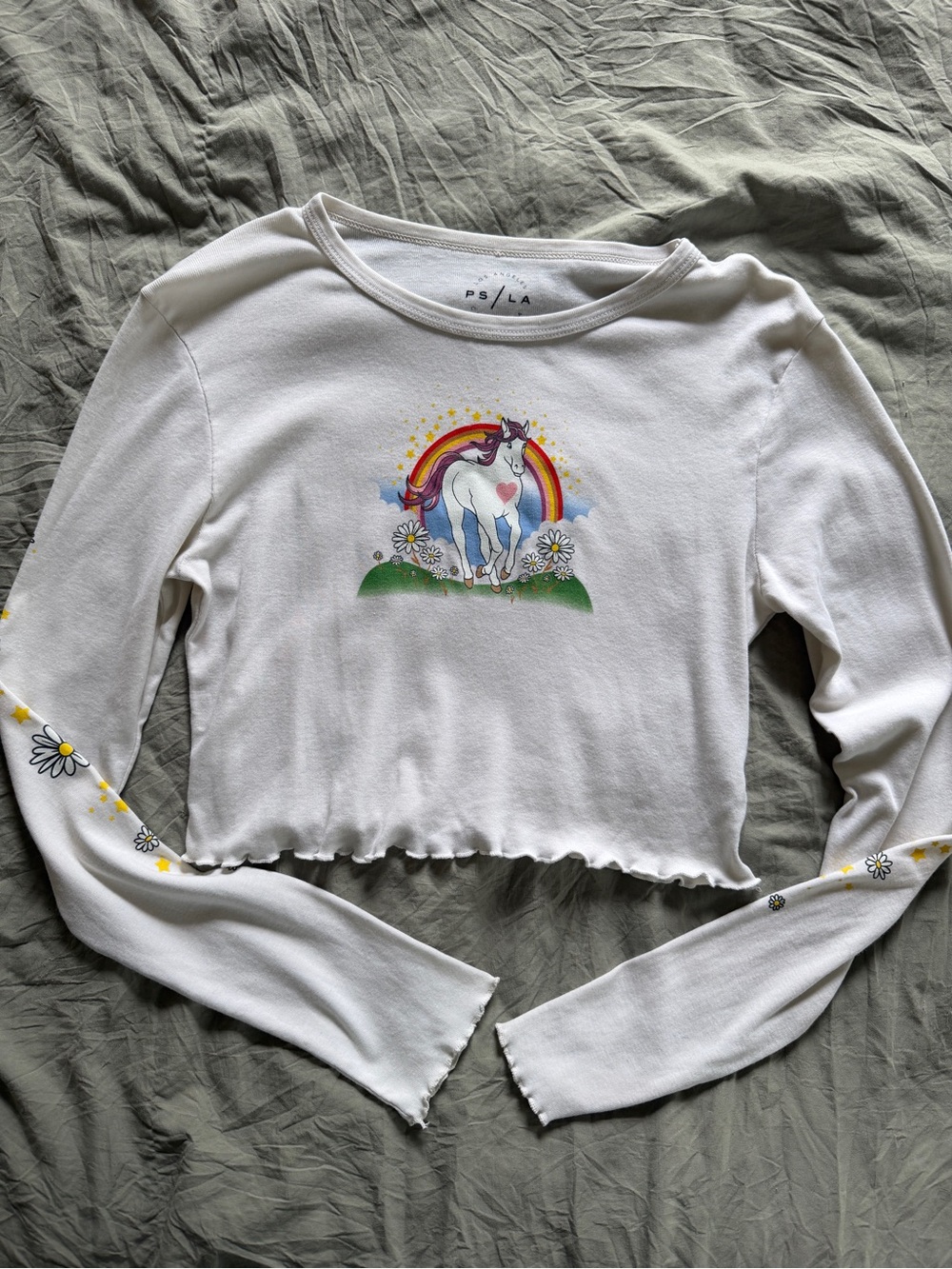 Pacsun White Unicorn Graphic Crop Long-Sleeve Top